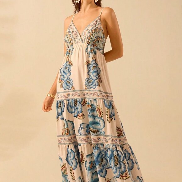 Multicolor Boho Women's Tropical Print V-Neck Long Camisole Dress Beach Dress - Picture 8 of 8